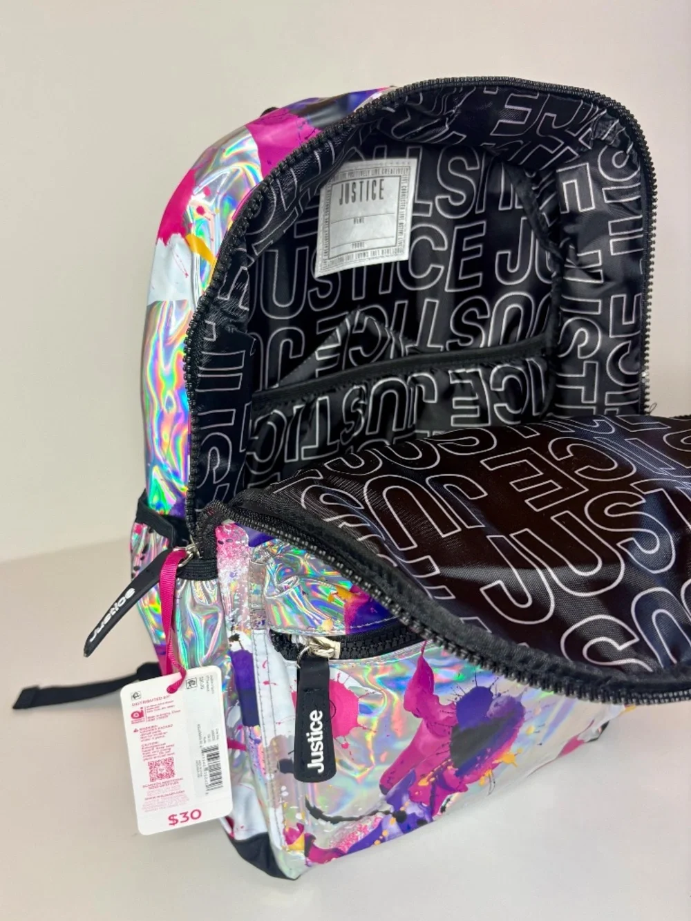Justice Girls Holographic Paint Splatter Backpack NWT